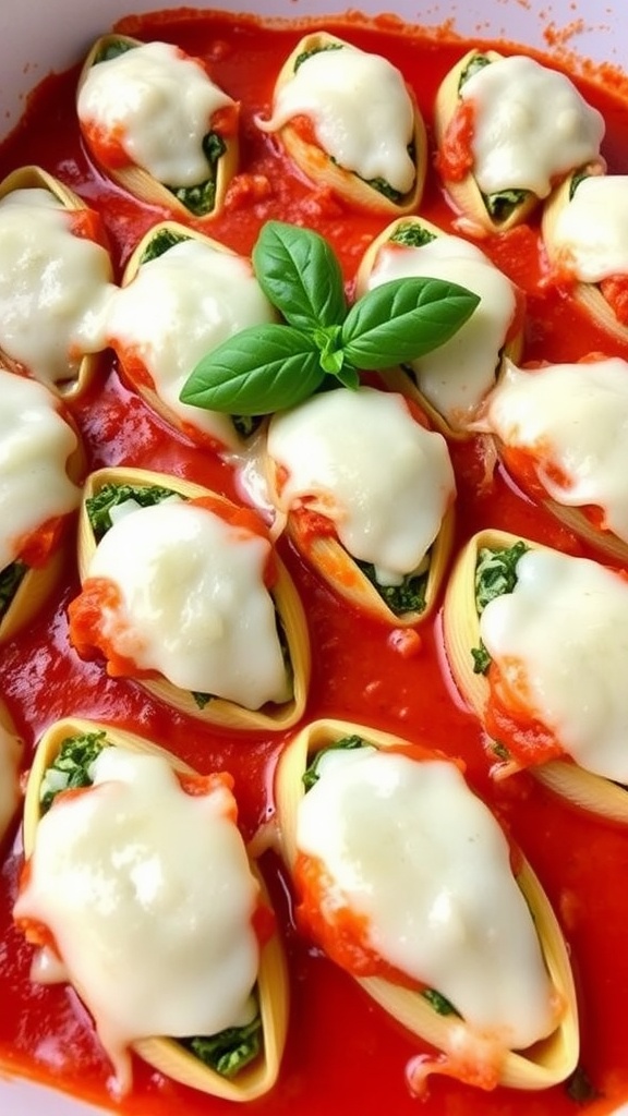Baking dish with spinach and ricotta stuffed pasta shells, topped with melted mozzarella and garnished with basil.